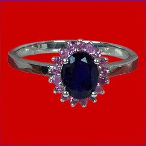 925 Sterling Silver Ring with Natural Blue Sapphire 7x5mm & Pink Sapphire Gems